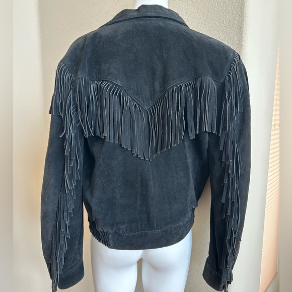 Wilson’s Vintage Fringe Bomber Jacket Small Black Suede Zipper Front - Picture 3 of 11
